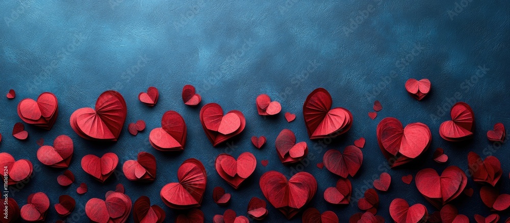 Poster artistic flat lay of vibrant red paper hearts arranged on a textured blue background creating a roma