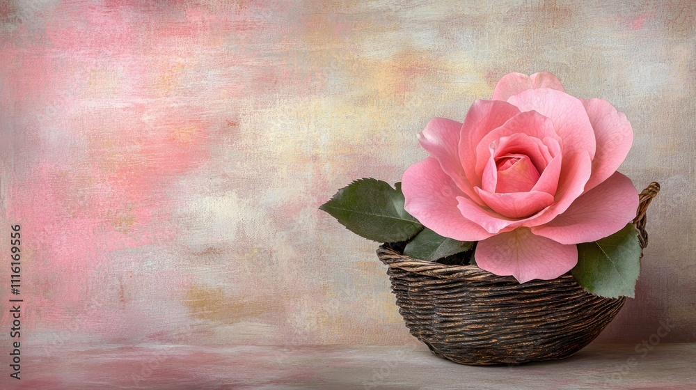 Poster Vintage pink rose in a rustic basket with a soft blurred background and ample space for personalized text or messages