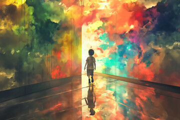 A little boy walking in front of a colorful wall. World Autism Awareness Day or Month concept and child mental health concept. Colorful illustration with copy space.