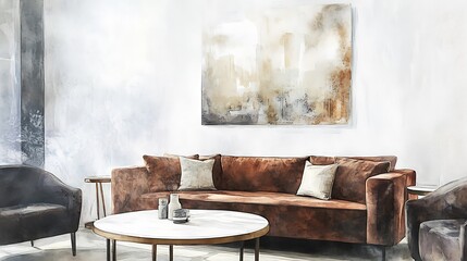 Paintings of interior design modern brown furniture and apartment living room background white wall. Painting with watercolor round table prepared for room decoration. Sample room for real estate