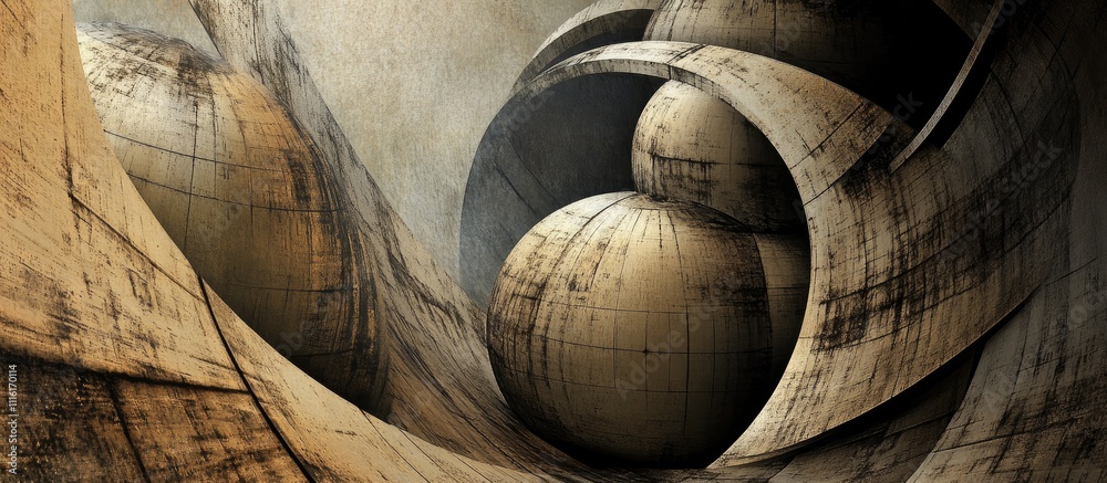 Leinwandbilder Abstract textured surfaces with spherical shapes and organic forms creating a visually striking artistic composition in warm tones.