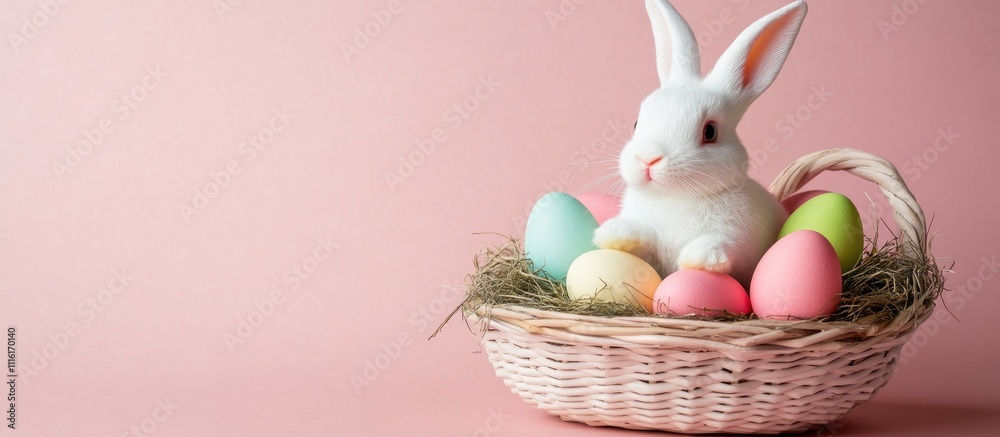 Poster easter basket with colorful eggs and a bunny figurine on a soft pink backdrop minimalist decor with 