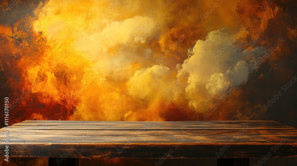 Poster wooden table in front of vibrant golden clouds creating an inviting and warm atmosphere for product 