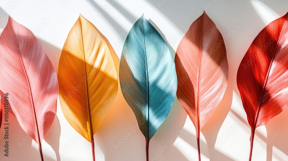 Poster vibrant arrangement of colorful tropical leaves casting shadows on a white surface with sun rays cre
