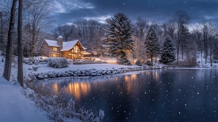Obraz premium Snow-covered cabin, lake, winter night, falling snow.