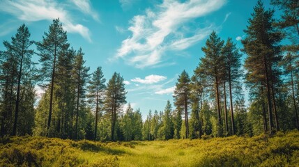 Horizontal shot of coniferous fir trees in a vibrant summer forest against a blue sky, perfect for concepts of tourism, camping, and exploring the beauty of nature.