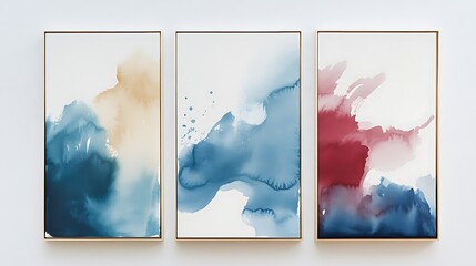 Striking Abstract Watercolor Compositions in Azure, Ruby, and Cream for Interior Spaces