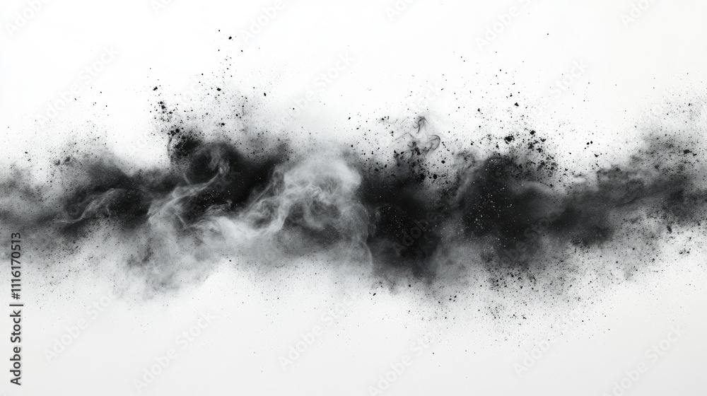 Poster abstract black dust cloud on white background creating a striking monochrome texture ideal for artis