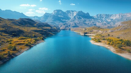 Breathtaking view of a calm river and serene lake surrounded by rugged mountains under a clear blue sky, showcasing nature's beauty, landscape, outdoor, tranquil scenery.