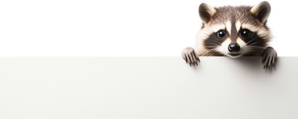 cute raccoon burglar holding blank banner isolated over white background