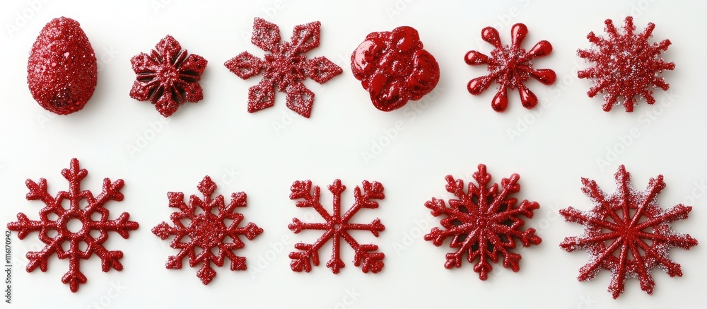 Poster red decorative snowflakes and ornaments arranged on a white background for festive design and holida