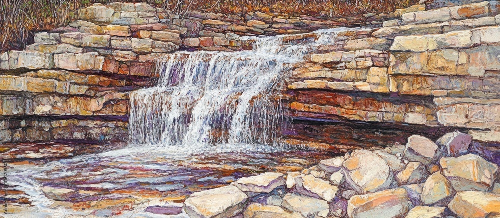 Poster serene view of an uneven waterfall cascading over rocky formations in a tranquil natural setting.