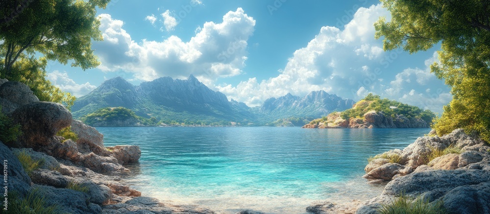 Poster serene coastal view from a rocky outcrop showcasing distant island and vibrant greenery under a brig