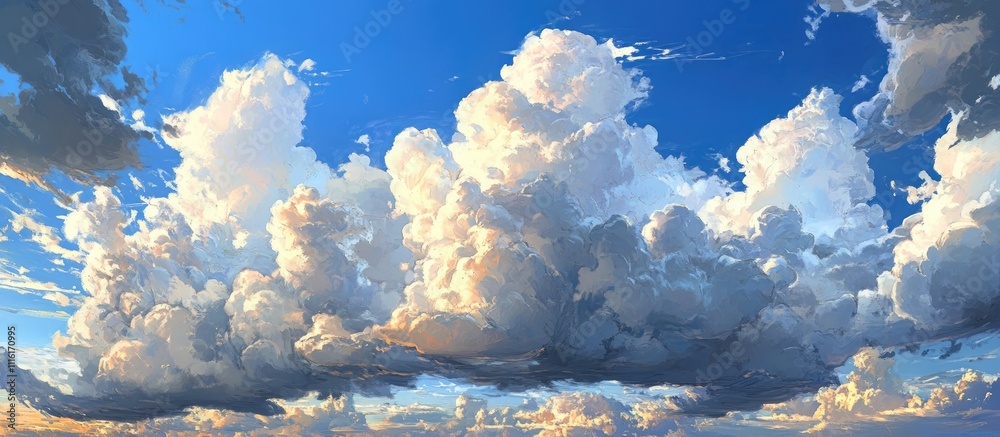 Aufkleber majestic fluffy clouds illuminated by sunlight against a bright blue sky creating a serene and tranq