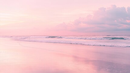Obraz premium A tranquil beach scene bathed in soft pastel pink light at dawn, creating a picturesque atmosphere perfect for relaxation and reflection, with ample copy space for your needs.