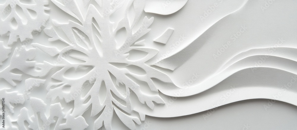 Poster Elegant white paper snowflake design with textured layers creating a winter-themed background perfect for holiday decorations or crafts.