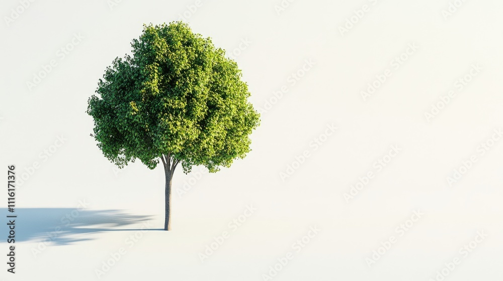 Poster isolated green tree casting a shadow on a minimalist white background illustrating nature and tranqu