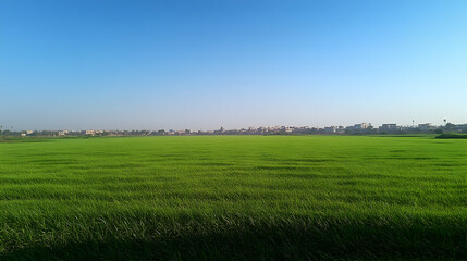 Obraz premium Lush green field under a clear blue sky, distant cityscape.
