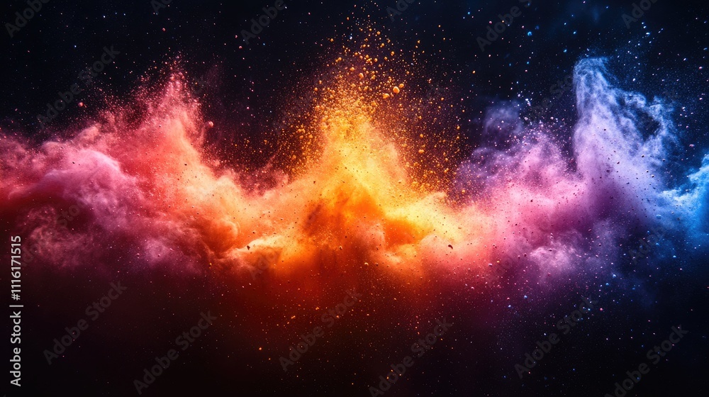 Poster multicolored dust explosion on a black background showcasing vibrant hues and dynamic motion in a st