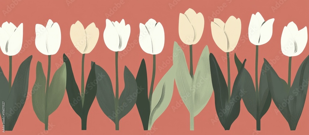 Aufkleber Colorful tulips in a row with green leaves on a warm pink background ideal for adding your design or text.