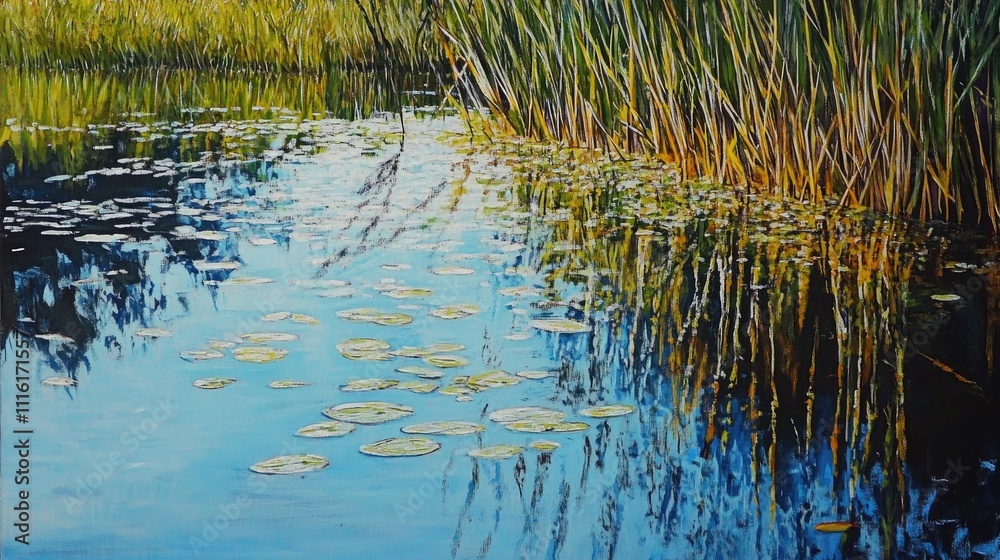 Aufkleber serene reflection on still waters with reeds and lily pads in natural landscape