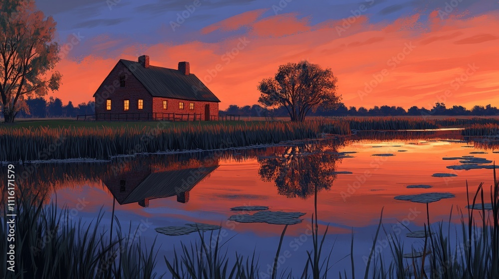 Poster serene sunset landscape with a red house reflecting on water in the countryside creating a calming p