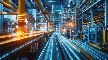 Naklejka premium A futuristic factory icon with digital lines and data streams representing industrial automation, smart production, and tech-driven efficiency. 
