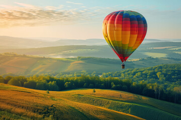 Vibrant hot air balloon soars above a picturesque landscape of rolling hills and fields, bathed in the golden light of dawn
