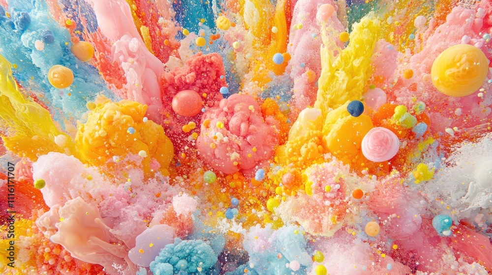 Poster colorful abstract explosion of vibrant pastel splashes and spheres creating a dynamic and visually s