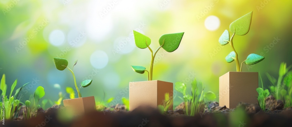 Aufkleber Illustration of plant growth stages symbolizing progress and development in a vibrant natural setting with soft bokeh effects.