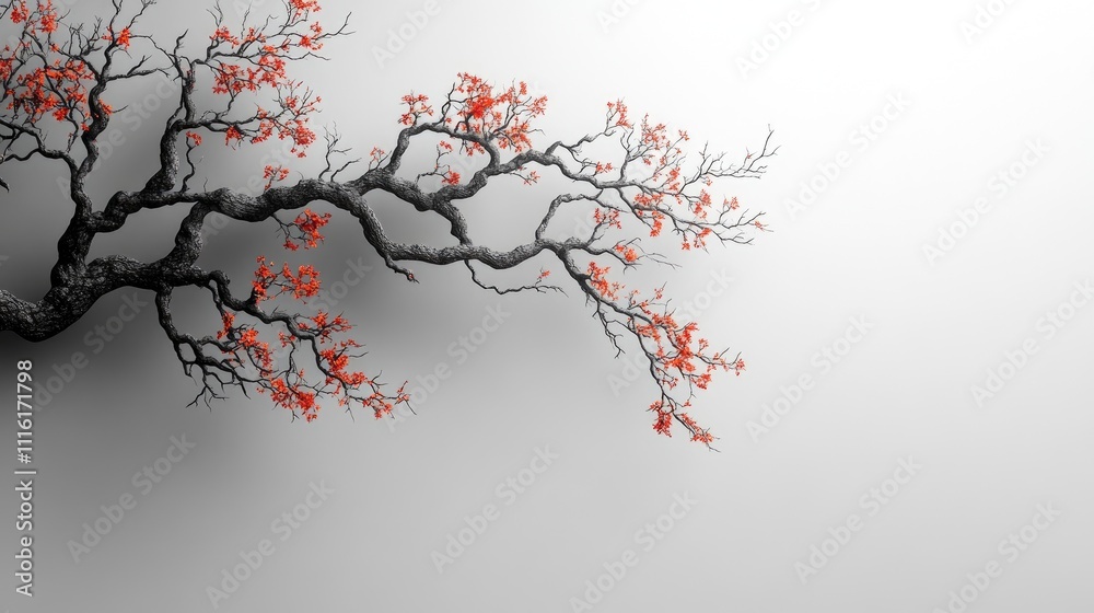 Poster Realistic artistic tree branches with vibrant red flowers on a minimalist background ideal for adding personalized text or messages