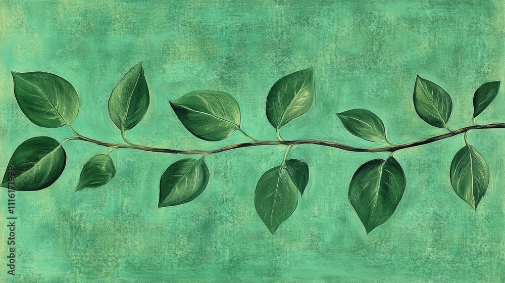 Poster sajna leaves arrangement on a branch with a textured green background for a natural and artistic des