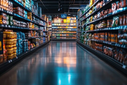 A vibrant grocery store aisle showcasing a wide variety of colorful packaged goods meticulously organized on neatly arranged shelves under bright lighting.