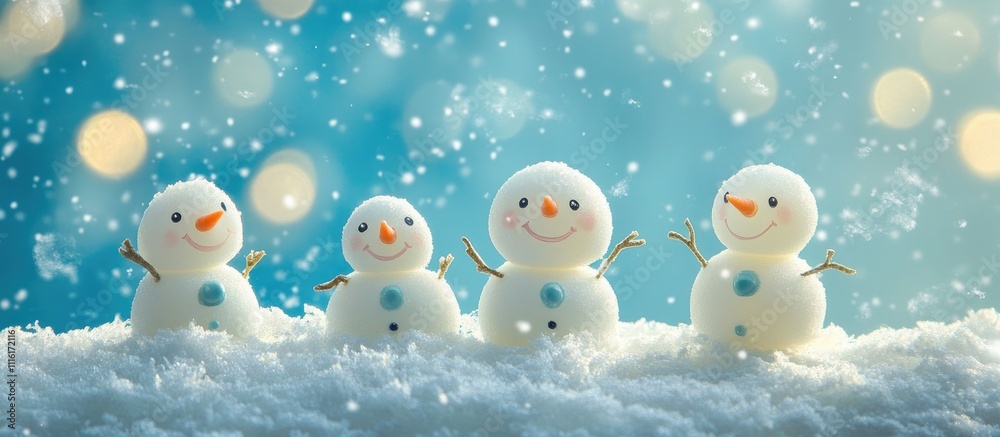 Aufkleber charming snowmen celebrating winter joyfully in a festive scene with snowflakes and soft blue bokeh 