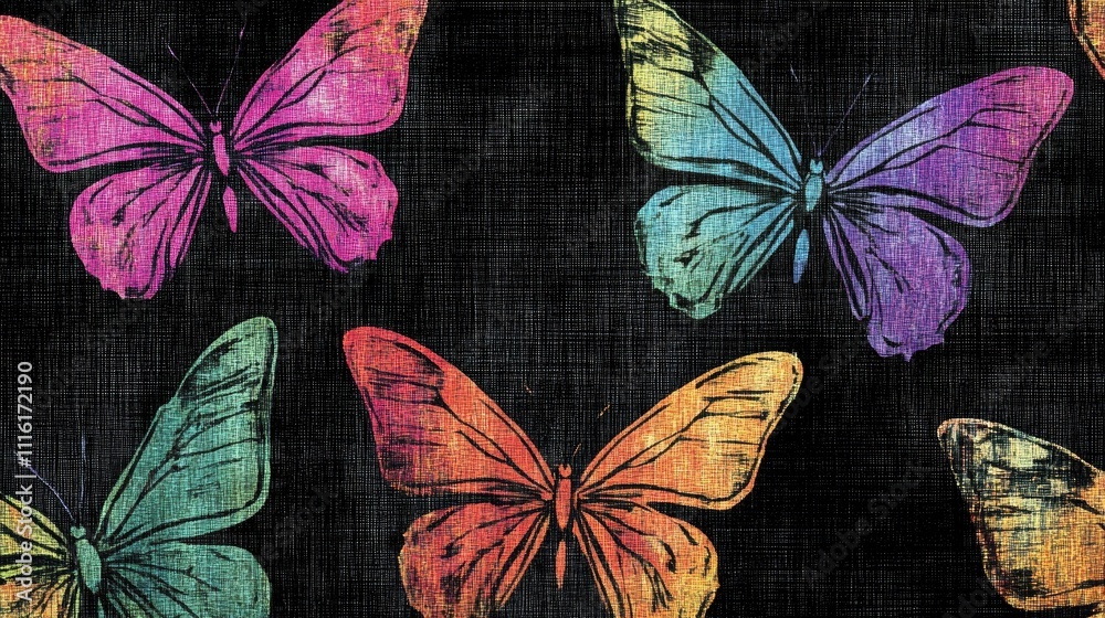 Poster Colorful butterfly pattern on textured fabric background creating a vibrant and artistic design for textiles and backgrounds.