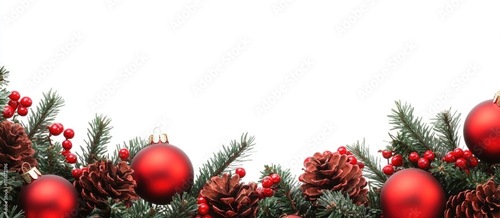 Poster christmas decoration background with red ornaments pine cones and berries on a white backdrop ideal 