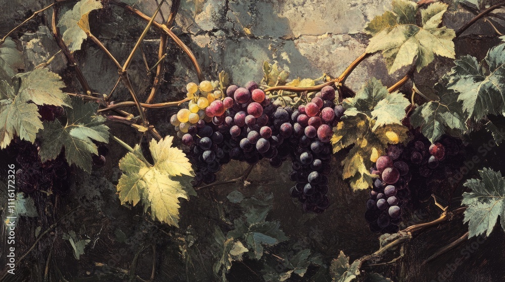 Poster vibrant clusters of grapes on vine against a rustic background in a picturesque vineyard setting sho