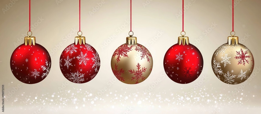 Poster christmas ornaments hanging on a blurred shiny background with space for text and festive atmosphere