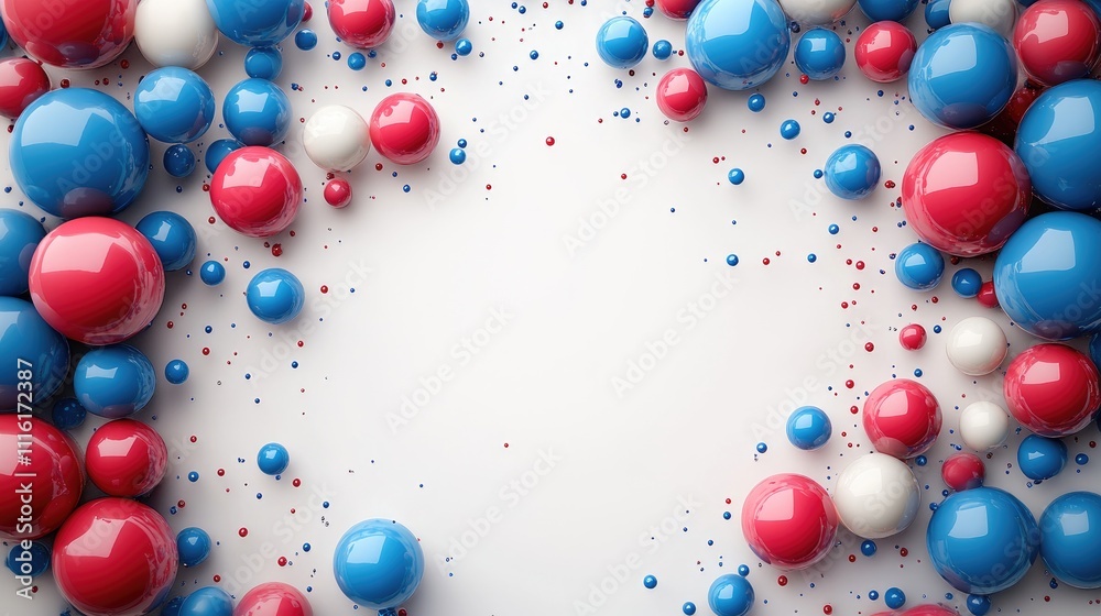 Poster red and blue spherical bubbles frame a minimalist white background for creative design and text pres