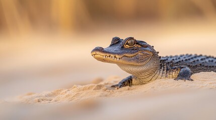 Fototapeta premium Striking alligator portrait captured on sandy terrain, highlighting the unique textures and colors of the alligator, complemented by ample photo style copy space.