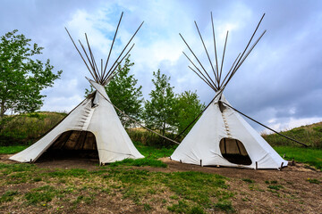 Two teepees are standing in a field
