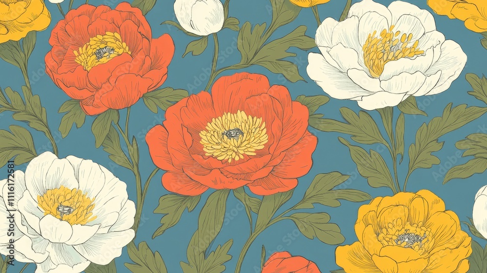 Poster floral pattern design featuring colorful peonies on a blue background ideal for textile packaging an