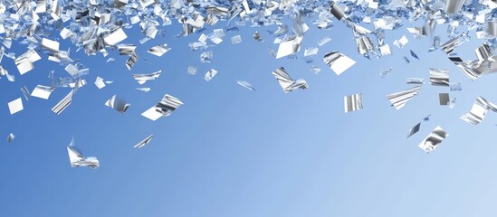 Fototapeta premium Silver confetti scattered against a bright blue sky background creating a festive and celebratory atmosphere for invitations and events