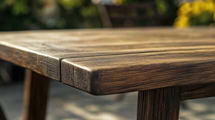 Fototapeta premium Close-up of a wooden table in an outdoor setting, highlighting the texture and natural beauty of the wood, with ample copy space for text or graphics.