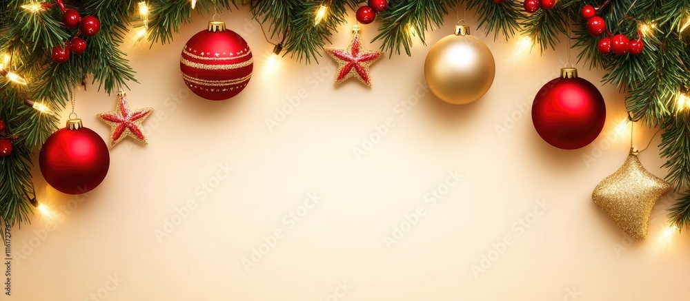 Poster christmas tree branches adorned with colorful ornaments and warm lights on a soft neutral background