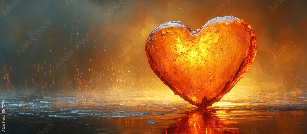 Poster glowing heart symbol illuminated in orange hues reflecting on water creating a romantic and warm atm