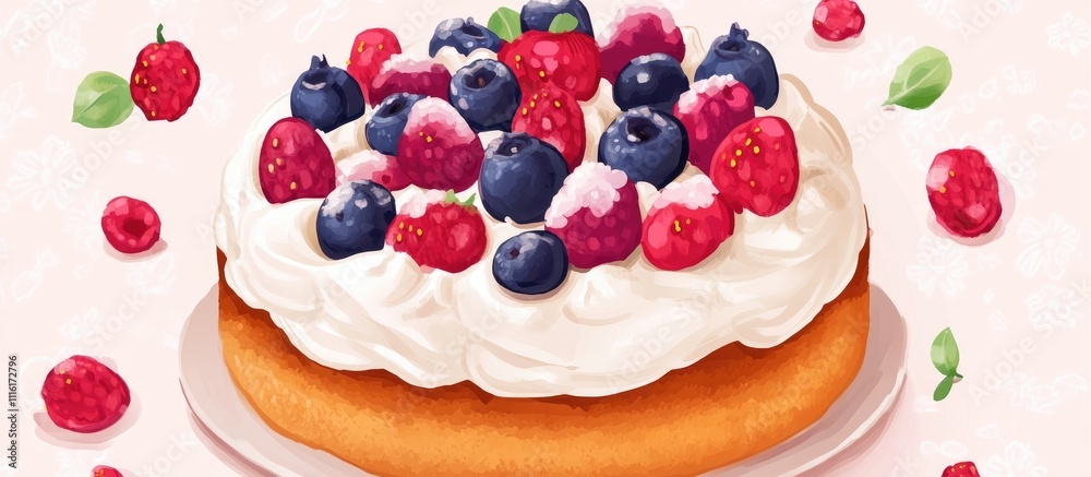 Aufkleber whipped cream and berry topped cake dessert on a plate with scattered berries and leaves in a soft p