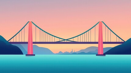 Obraz premium Suspension bridge with aerodynamic pylons, crossing a wide bay, designed to reduce wind resistance and enhance stability