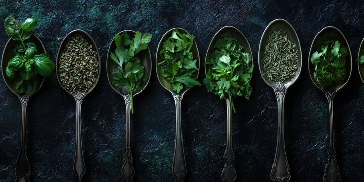 Looking down at vintage spoons filled with vibrant green spices and herbs showcases an artistic arrangement of these flavorful ingredients.