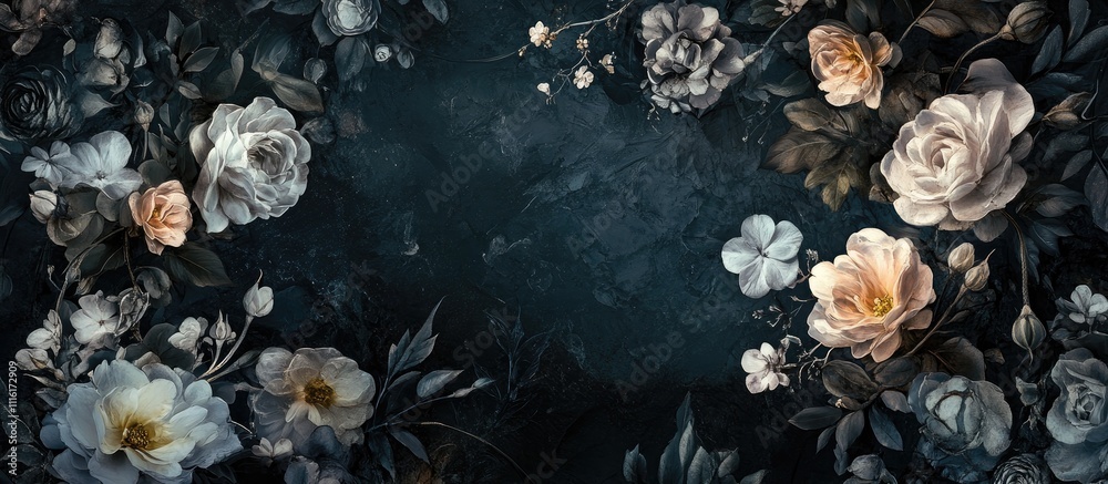Poster Elegant floral arrangement with soft pastel blooms on a deep dark background creating a dramatic and sophisticated atmosphere.